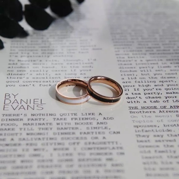 Black White Enamel Coated Ring Wedding Band - Picture 6 of 16